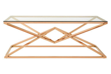 Orsina Allure Rose Gold Coffee Table | Tempered Glass & Steel Base