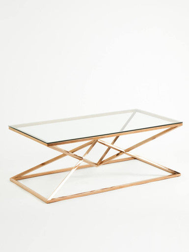 Orsina Allure Rose Gold Coffee Table | Tempered Glass & Steel Base