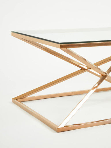 Orsina Allure Rose Gold Coffee Table | Tempered Glass & Steel Base