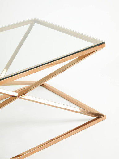 Orsina Allure Rose Gold Coffee Table | Tempered Glass & Steel Base