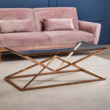 Orsina Allure Rose Gold Coffee Table | Tempered Glass & Steel Base