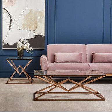 Orsina Allure Rose Gold Coffee Table | Tempered Glass & Steel Base