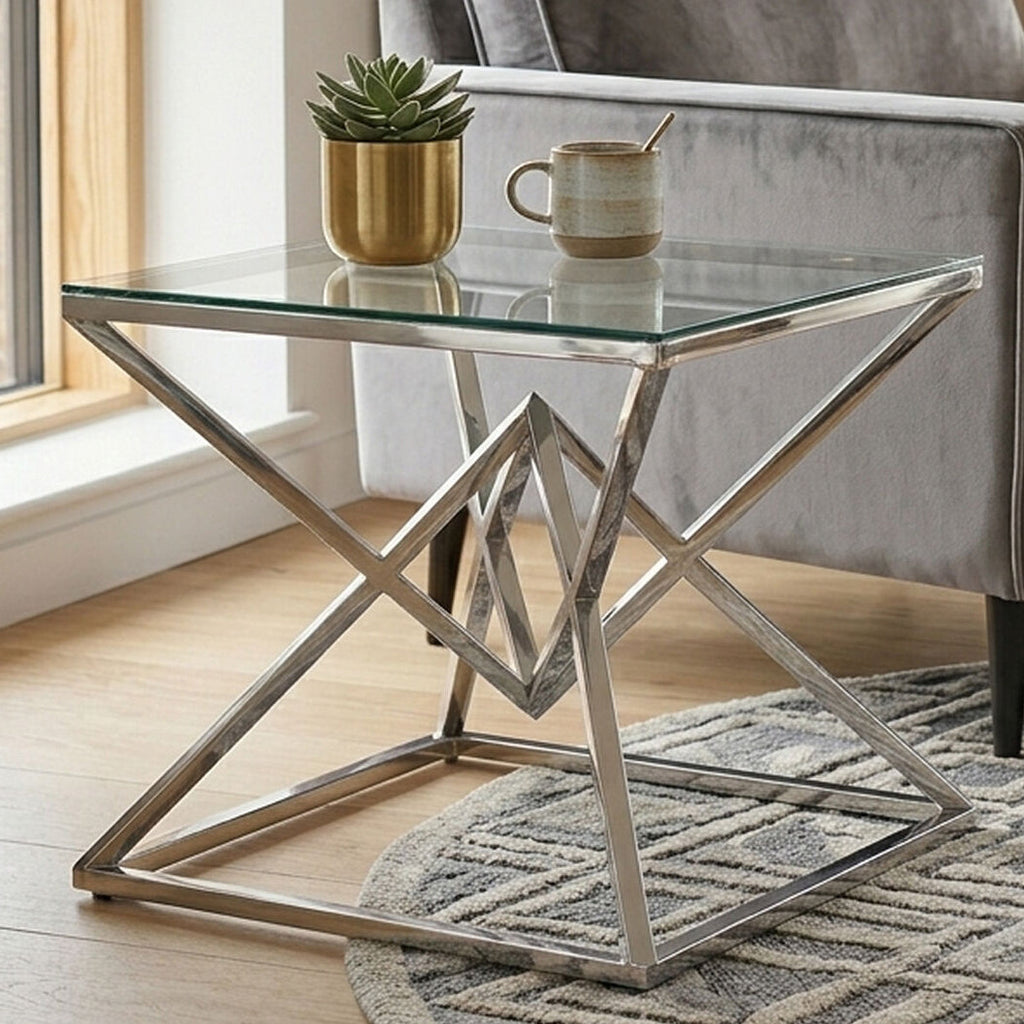 Orsina Allure Square Silver End Table - Stainless Steel & Glass