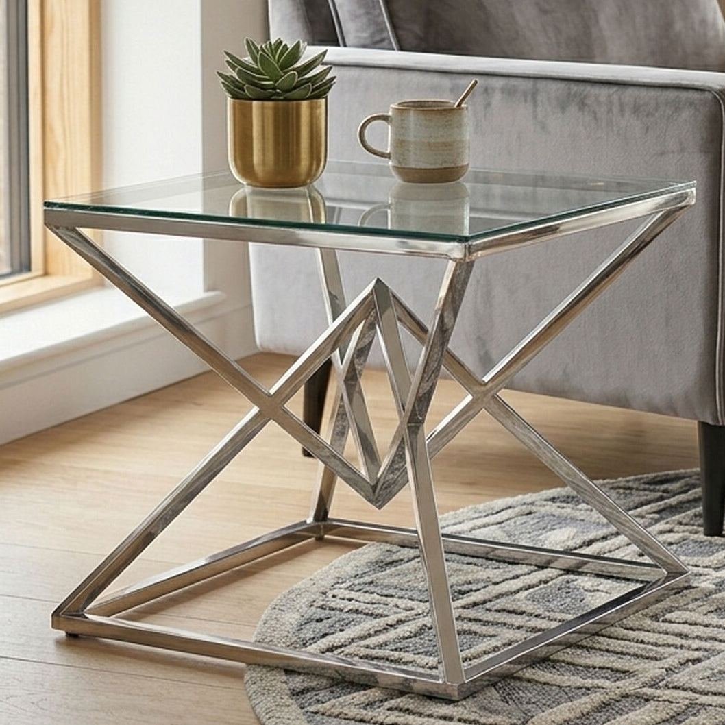 Orsina Allure Square Silver End Table - Stainless Steel & Glass