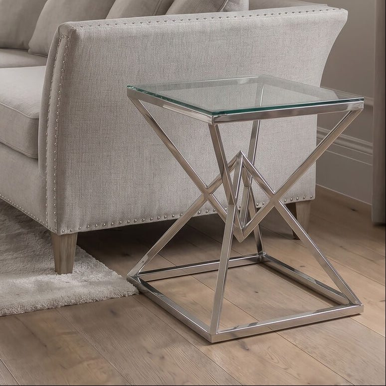 Orsina Allure Square Silver End Table - Stainless Steel & Glass