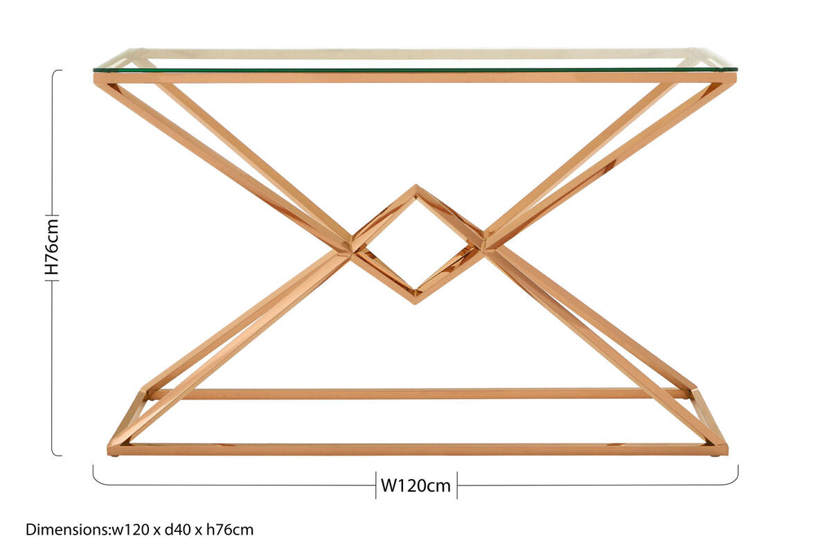 Orsina Allure Rose Gold Console Table – Tempered Glass & Steel
