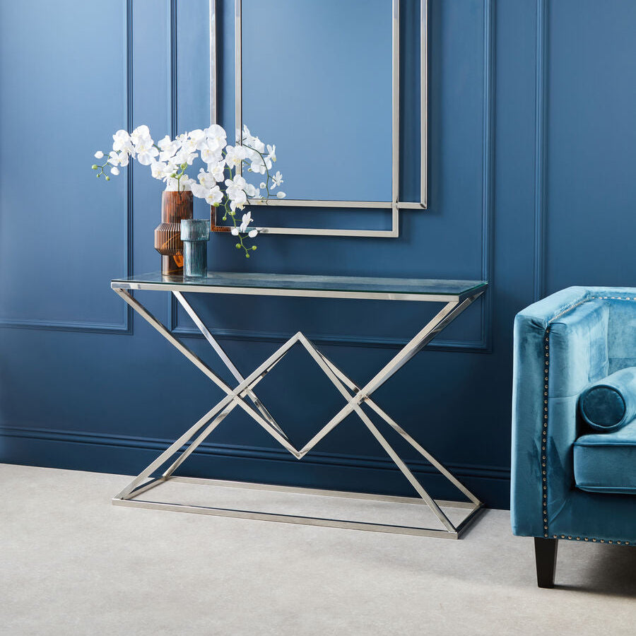 Orsina Allure Glass Console Table – Silver Stainless Steel Frame