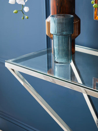 Orsina Allure Glass Console Table – Silver Stainless Steel Frame