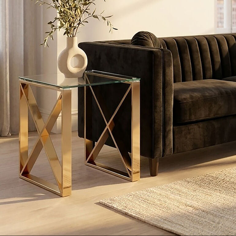Orsina Allure Gold End Table – Tempered Glass & Stainless Steel