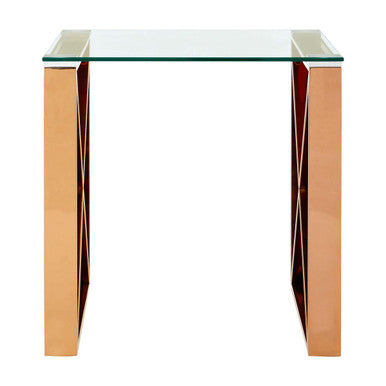 Orsina Allure Rose Gold End Table - Glass Top Stainless Steel Cross Legs