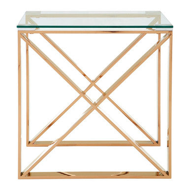 Orsina Allure Rose Gold End Table - Glass Top Stainless Steel Cross Legs