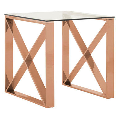 Orsina Allure Rose Gold End Table - Glass Top Stainless Steel Cross Legs