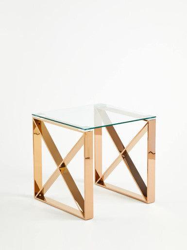 Orsina Allure Rose Gold End Table - Glass Top Stainless Steel Cross Legs