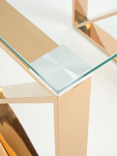 Orsina Allure Rose Gold End Table - Glass Top Stainless Steel Cross Legs