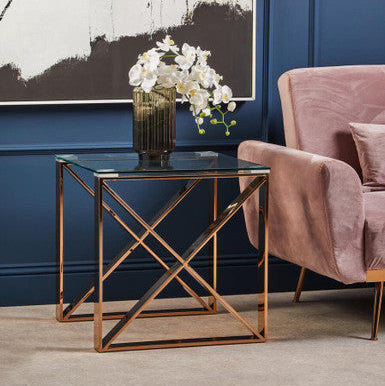 Orsina Allure Rose Gold End Table - Glass Top Stainless Steel Cross Legs