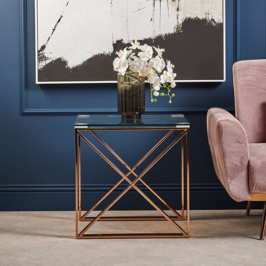 Orsina Allure Rose Gold End Table - Glass Top Stainless Steel Cross Legs