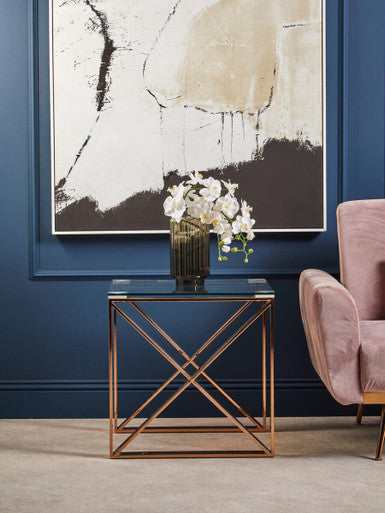 Orsina Allure Rose Gold End Table - Glass Top Stainless Steel Cross Legs