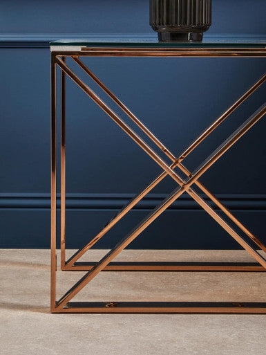Orsina Allure Rose Gold End Table - Glass Top Stainless Steel Cross Legs