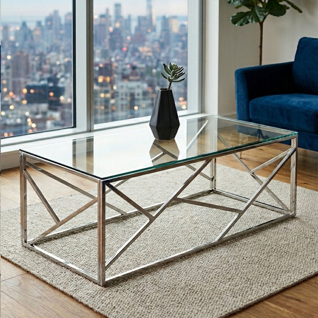 Orsina Allure Glass Coffee Table – Champagne Gold Geometric Steel