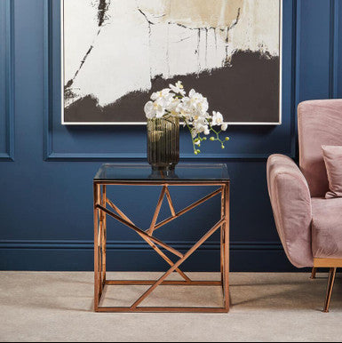 Orsina Allure Rose Gold Geometric End Table with Tempered Glass