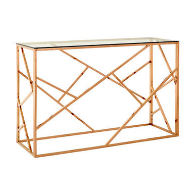 Orsina Allure Rose Gold Geometric Console Table with Tempered Glass