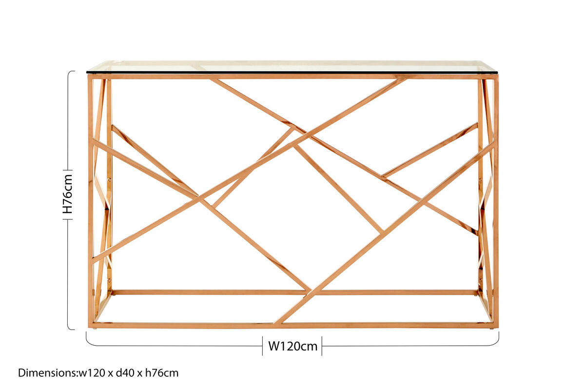 Orsina Allure Rose Gold Geometric Console Table with Tempered Glass