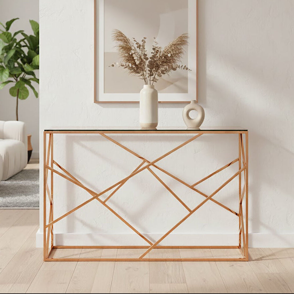 Orsina Allure Rose Gold Geometric Console Table with Tempered Glass