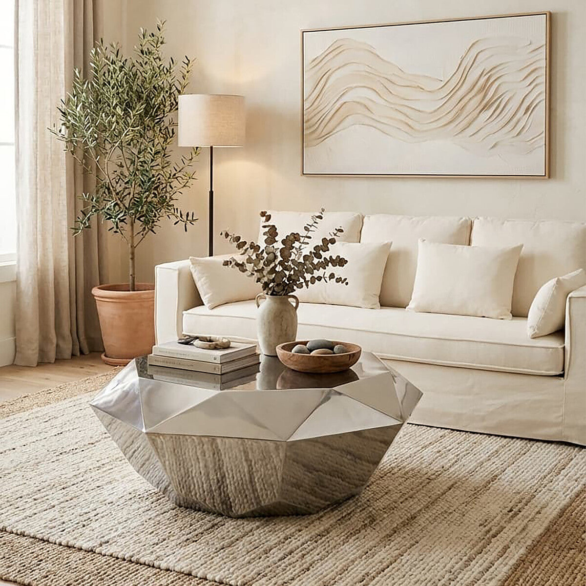 Orsina Silver Hexagonal Coffee Table – Diamond Cut Stainless Steel