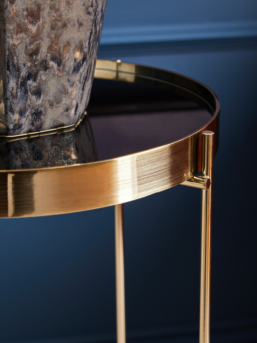 Orsina Allure Tall Side Table – Black Mirrored Glass & Brushed Bronze