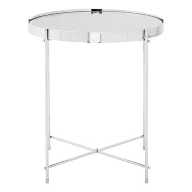 Orsina Mirrored Glass Round Side Table | Silver Chrome Metal Legs