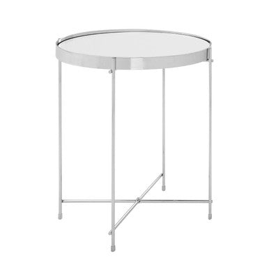 Orsina Mirrored Glass Round Side Table | Silver Chrome Metal Legs