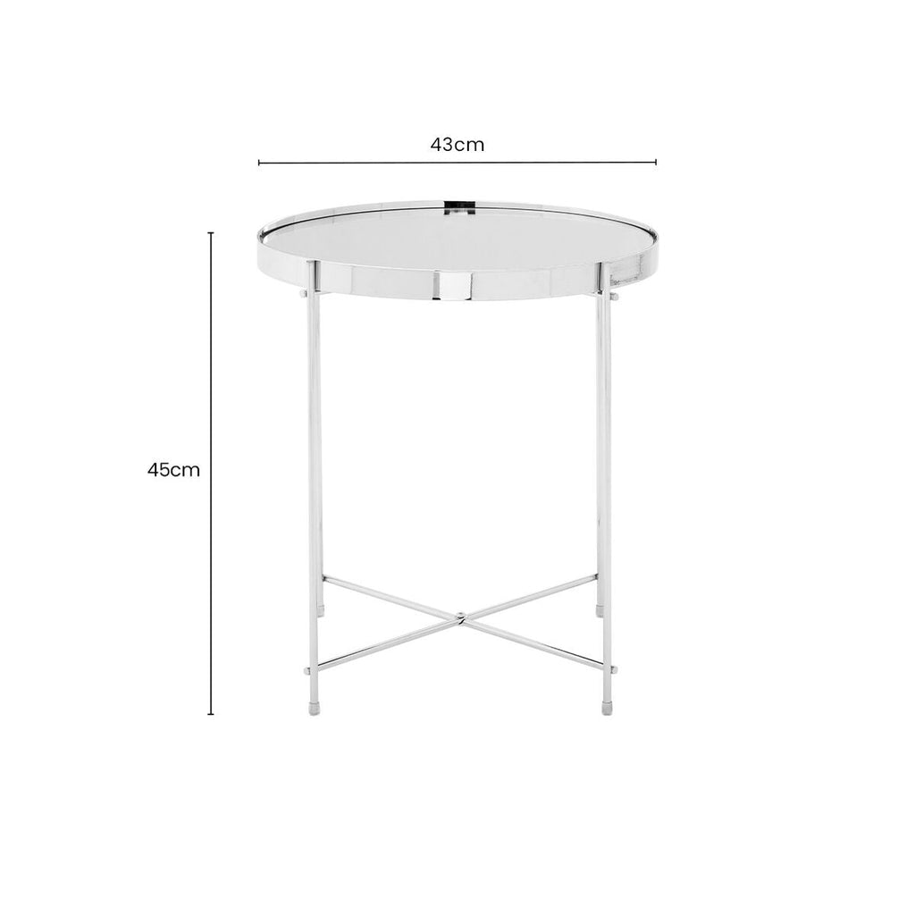 Orsina Mirrored Glass Round Side Table | Silver Chrome Metal Legs