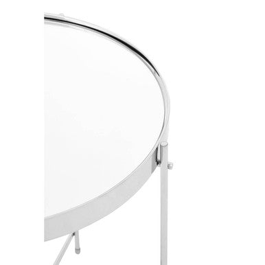 Orsina Mirrored Glass Round Side Table | Silver Chrome Metal Legs