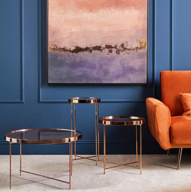 Orsina Allure Round Pink Mirrored Side Table | Rose Gold Lattice Base