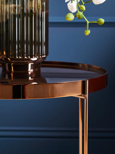 Orsina Allure Round Pink Mirrored Side Table | Rose Gold Lattice Base