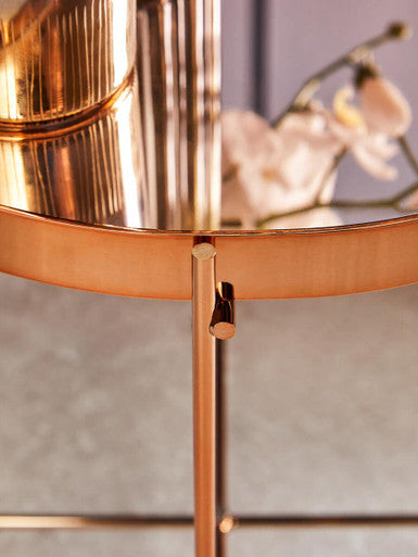 Orsina Allure Round Pink Mirrored Side Table | Rose Gold Lattice Base
