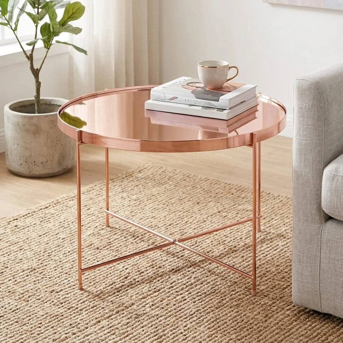 Orsina Allure Round Pink Mirrored Side Table | Rose Gold Lattice Base