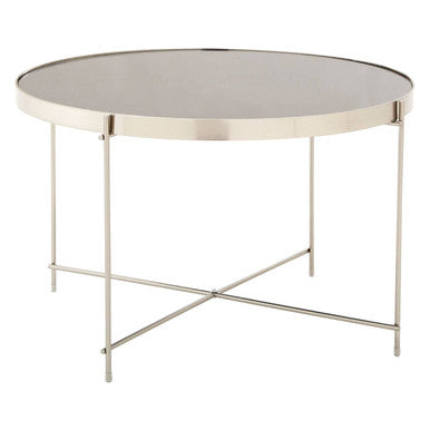 Orsina Allure Round Grey Mirrored Side Table – Brushed Nickel Base