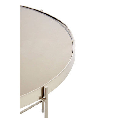 Orsina Allure Round Grey Mirrored Side Table – Brushed Nickel Base