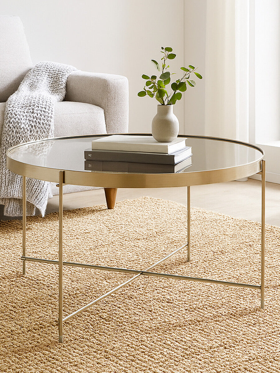 Orsina Allure Round Grey Mirrored Side Table – Brushed Nickel Base