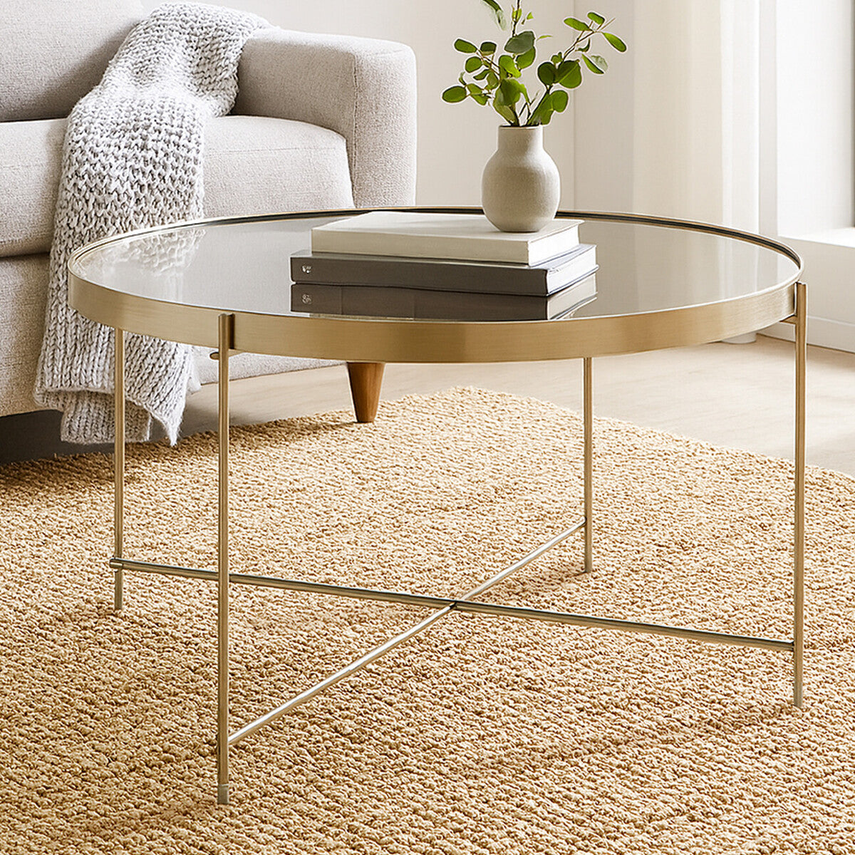 Orsina Allure Round Grey Mirrored Side Table – Brushed Nickel Base