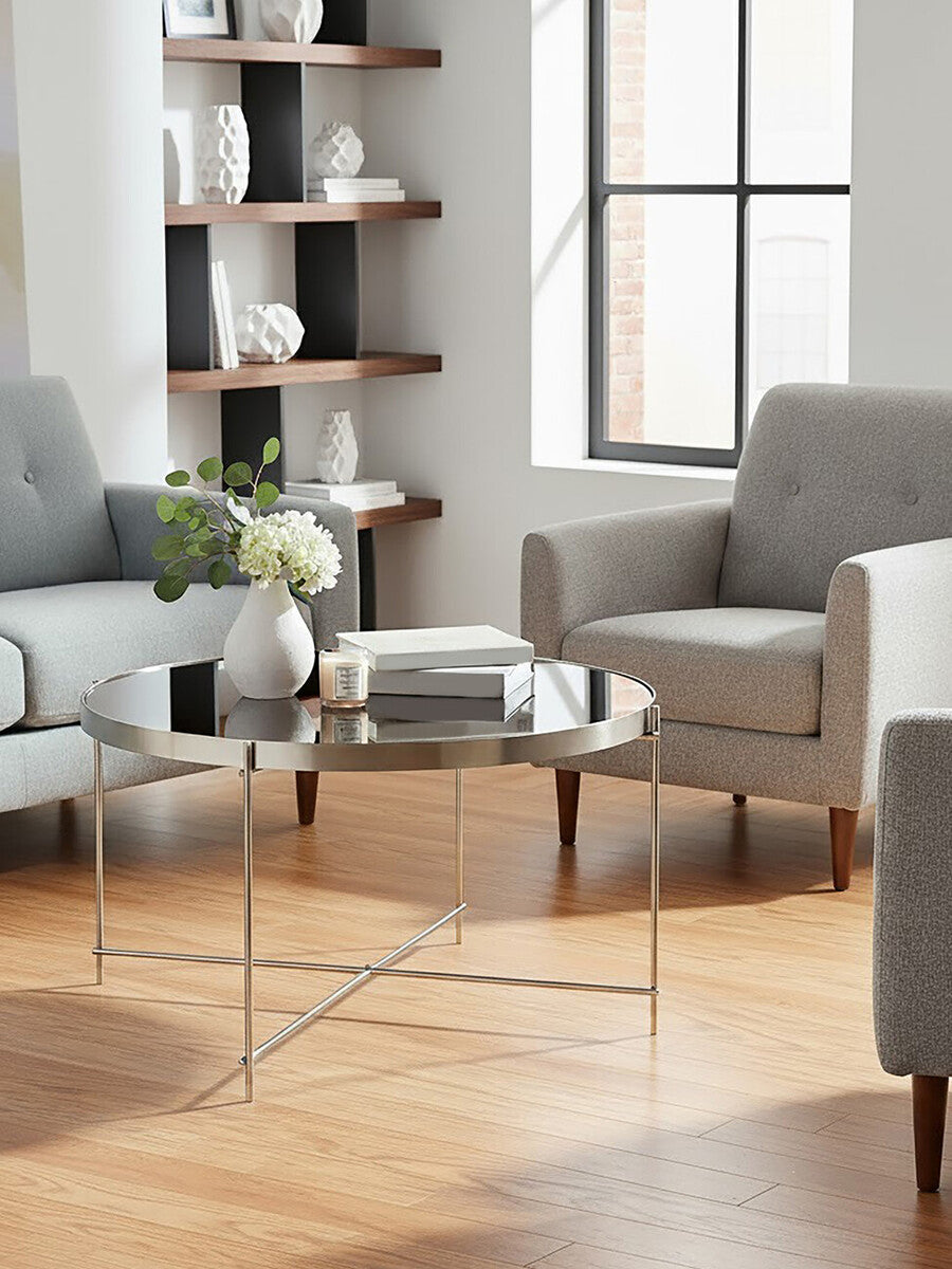 Orsina Allure Round Grey Mirrored Side Table – Brushed Nickel Base