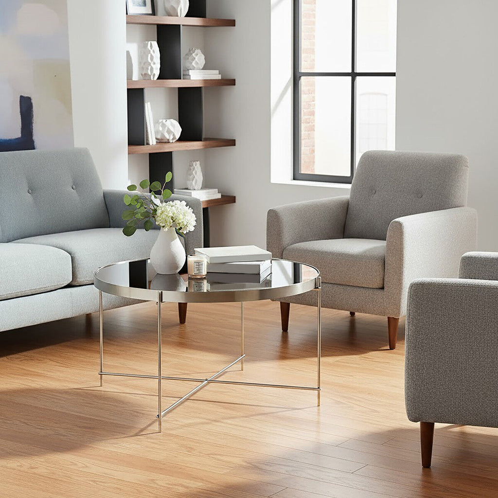 Orsina Allure Round Grey Mirrored Side Table – Brushed Nickel Base