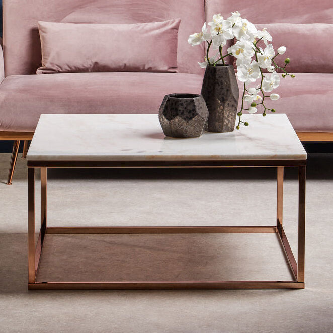 Orsina Allure Square Marble Coffee Table | Rose Gold Stainless Steel