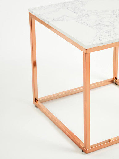 Orsina Allure Square White Marble End Table with Rose Gold Frame