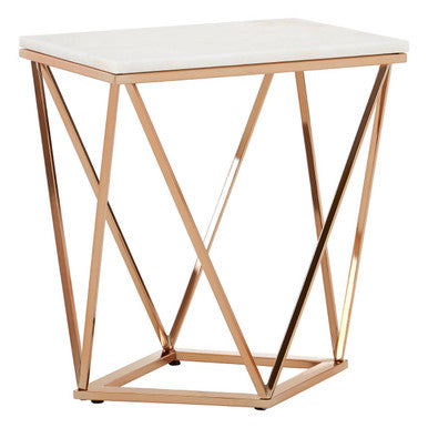 Orsina White Marble End Table – Champagne Gold Geometric Metal Frame