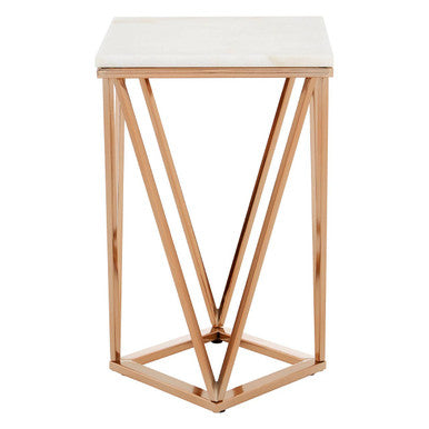 Orsina White Marble End Table – Champagne Gold Geometric Metal Frame