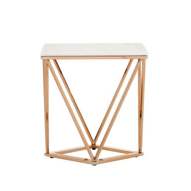 Orsina White Marble End Table – Champagne Gold Geometric Metal Frame