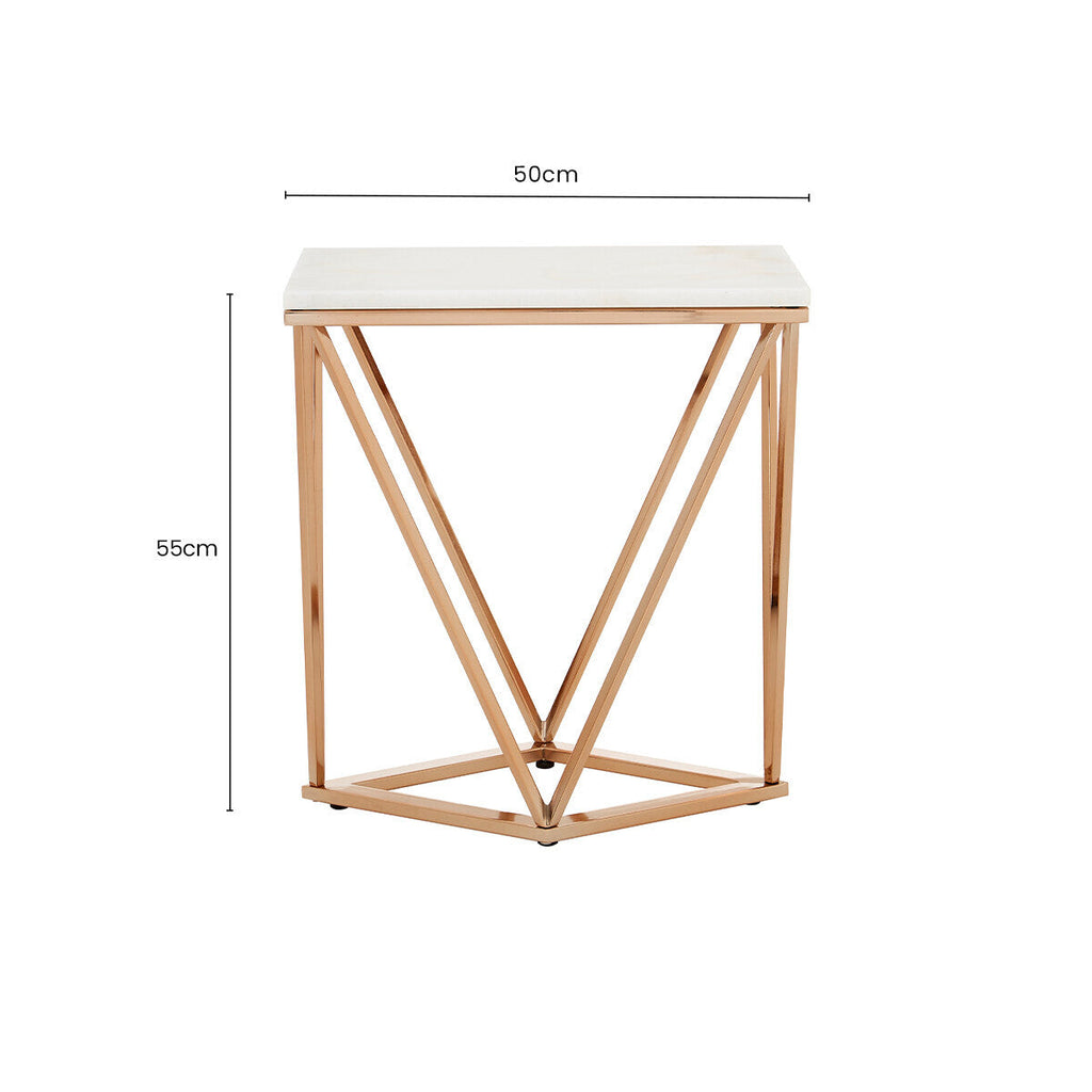 Orsina White Marble End Table – Champagne Gold Geometric Metal Frame