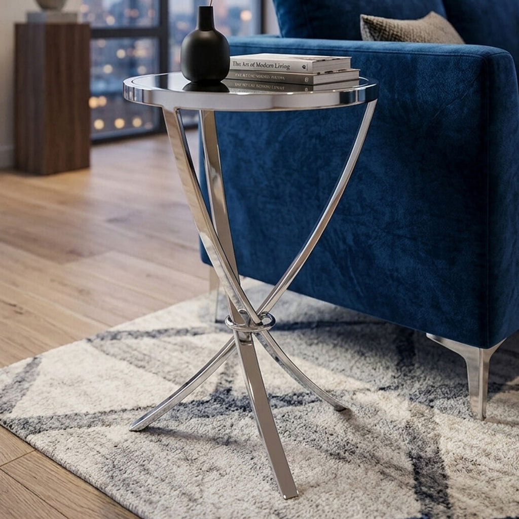 Orsina Allure Round Mirrored Side Table – Silver Chrome Metal Legs